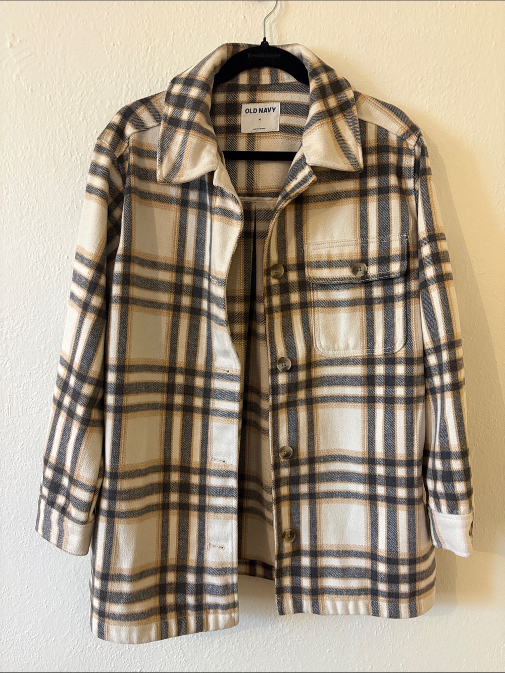 Old Navy Cream Plaid Utility Shacket with Navy & Tan Stripes